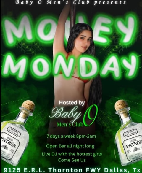 Neon green Money Monday nightclub event flyer featuring a woman, champagne bottles, and event details for Baby O Mens Club